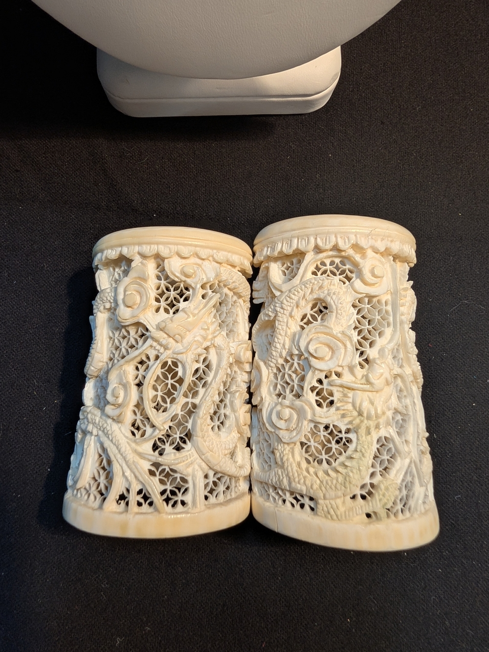 Hand-Carved Ivory-Color Dragon /Floral Lattice  Brush Pots Pair - Qing Dynasty